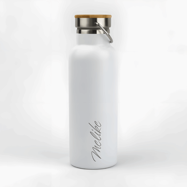 Kişiye Özel İsim Baskılı Bambu Kapaklı Beyaz Çelik Termos