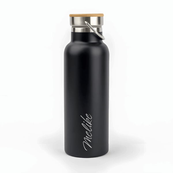 Kişiye Özel İsim Baskılı Bambu Kapaklı Siyah Çelik Termos