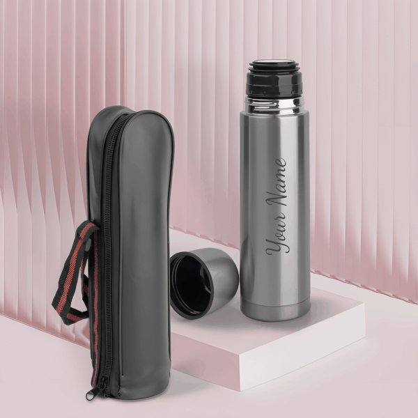 İsim Baskılı Bardaklı ve Deri Kılıflı Çelik Termos