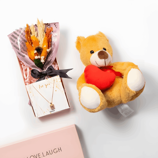 Ayıcıklı ve Çiçekli Kutuda Zirkon Baget Kolye Seti