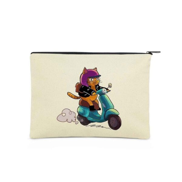Tasarım Clutch Kanvas Makyaj Çantası – Biker Cat