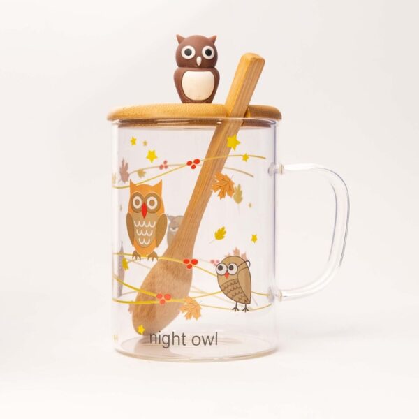 Bambu Kapaklı ve Kaşıklı Cam Kupa - Brown