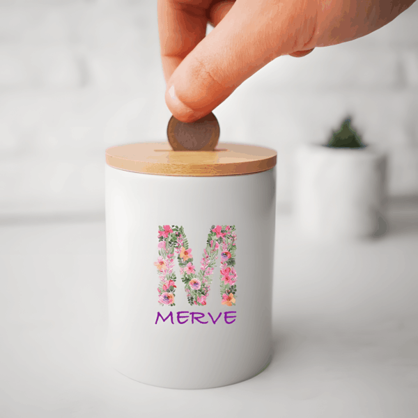 İsim ve Harf Baskılı Bambu Kapaklı Porselen Kumbara